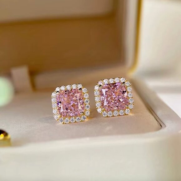 18k Gold Pink Sapphire Diamond Earrings Cushion Cut Earrings - Picture 5 of 6